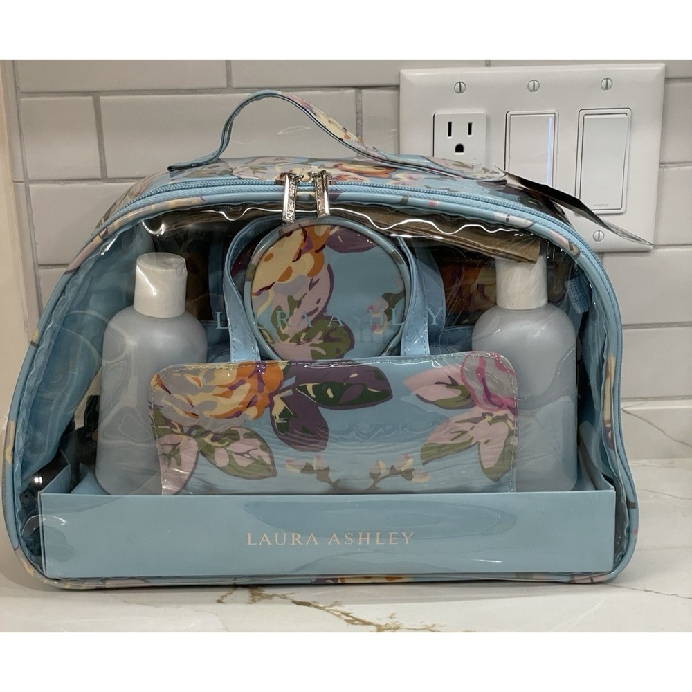 Laura Ashley Cosmetic Travel Set 8 Pc Blue Floral Toiletry Case Bag New y2k